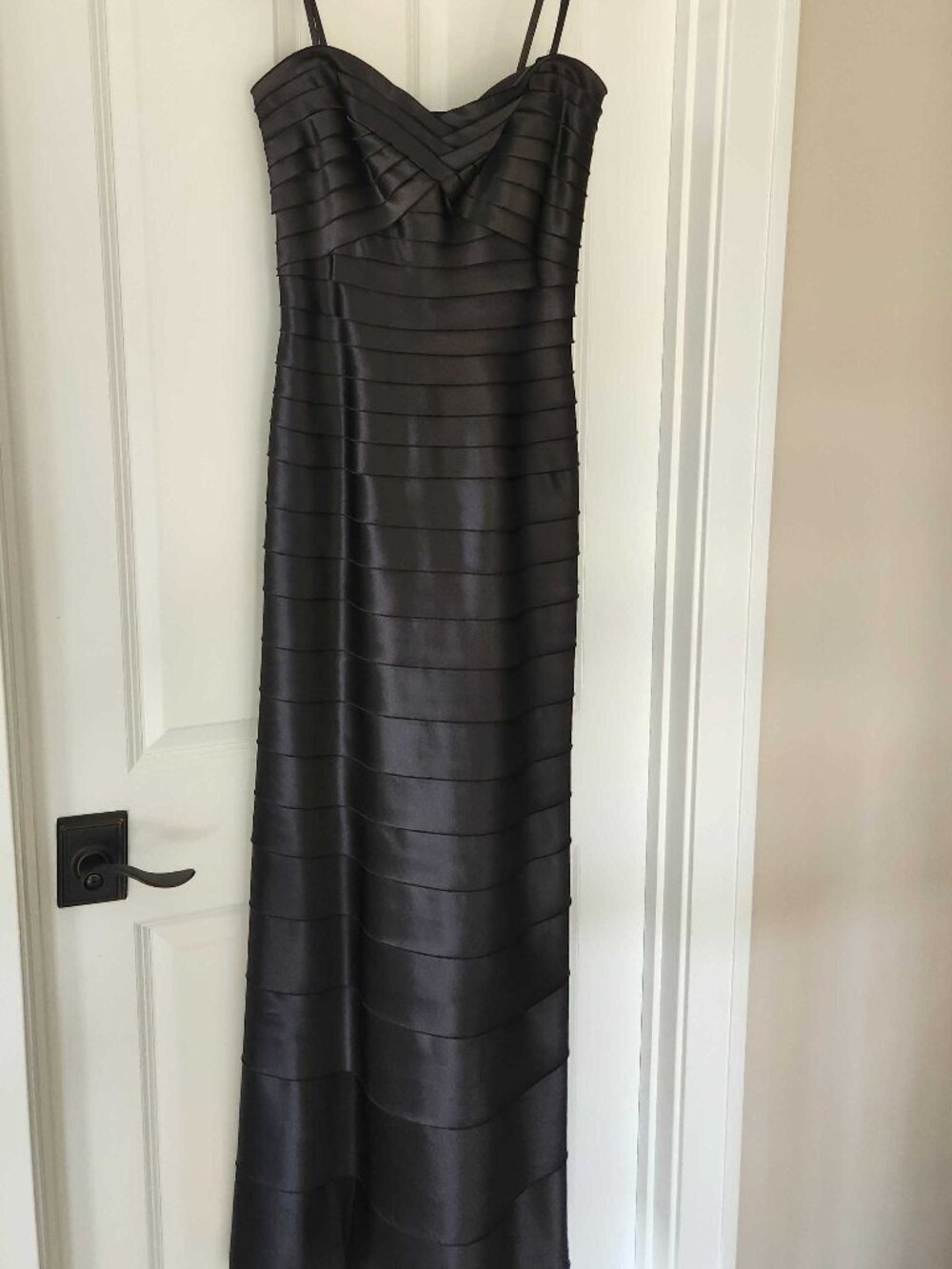 BCBG Black Satin Tiered Column Gown